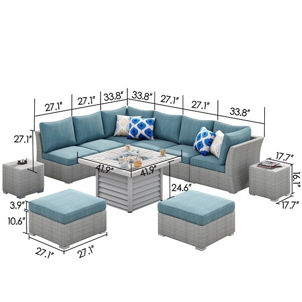 Corvus 11pc. Grey Wicker Sectional Sofa Fire Pit Set w/ Blue Cushions