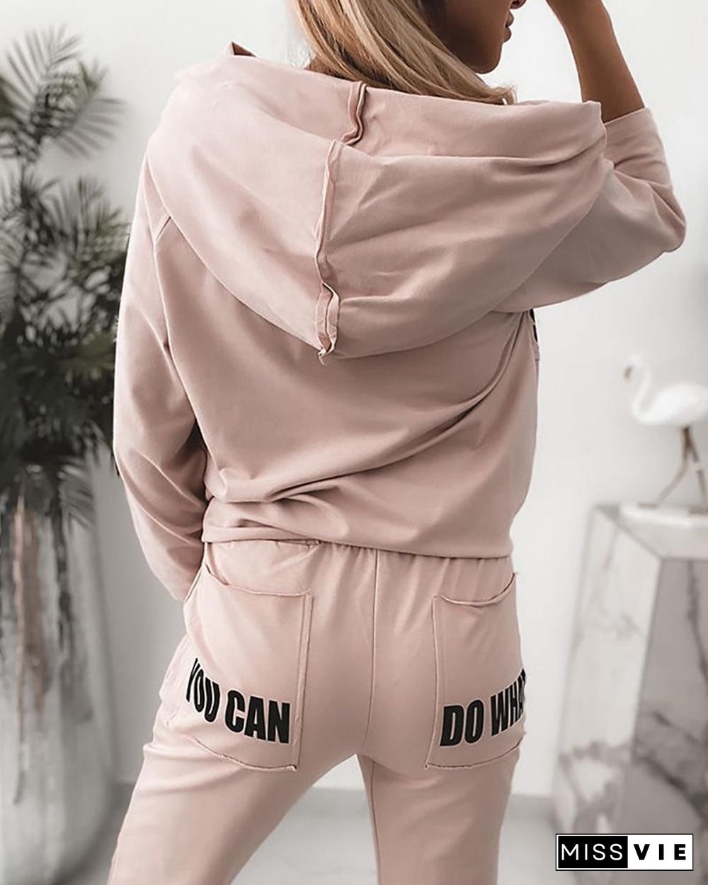 Letter Print Long Sleeve Hooded Top & Drawstring Pants Set P13226