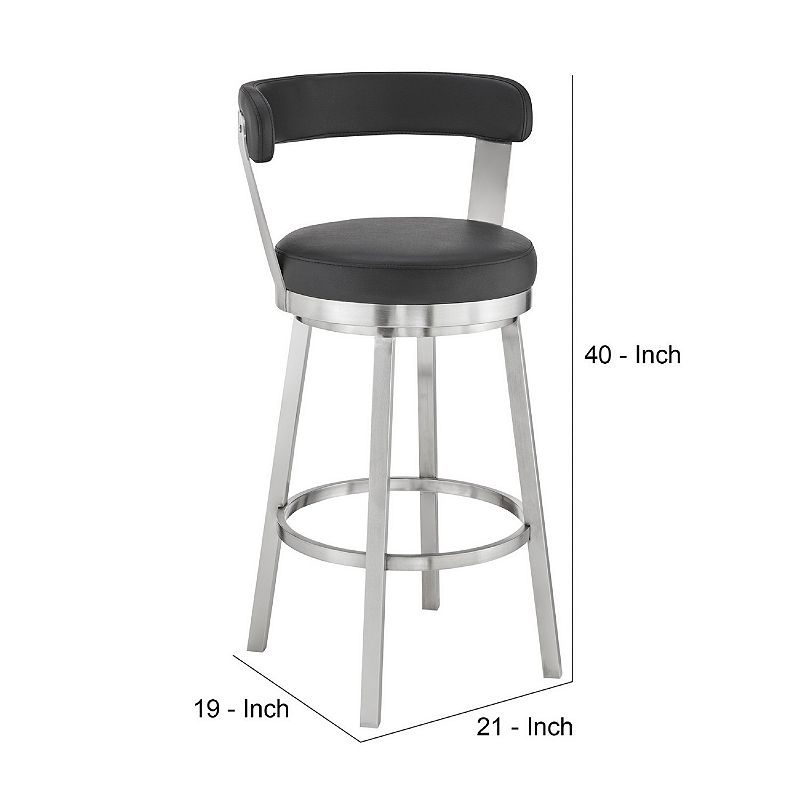 Swivel Barstool with Open Back and Metal Legs， Black and Silver