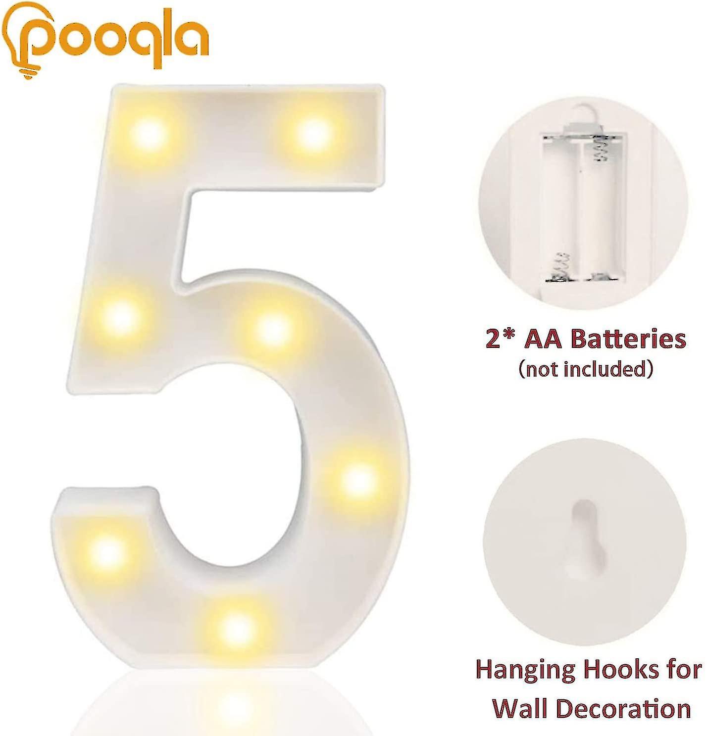 Decorative Led Light Up Number Letters， White Plastic Marquee Number Lights Sign Party Wedding Decor Battery Operated Number (5)