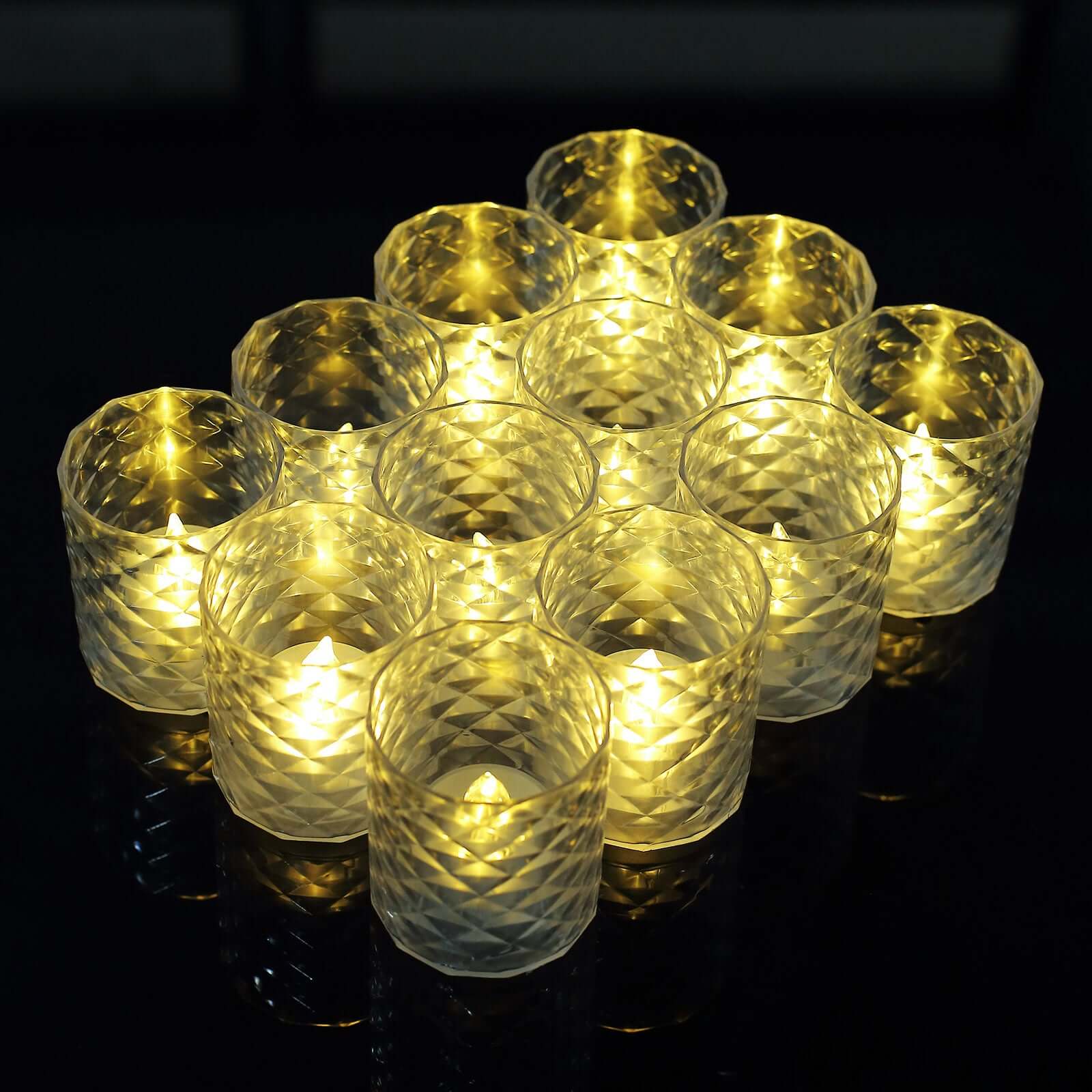 12 Pack Clear Acrylic Diamond LED Tealight Candle Holder Sets, Warm White Battery Operated Whiskey Glass Votive Candle Lamps 3