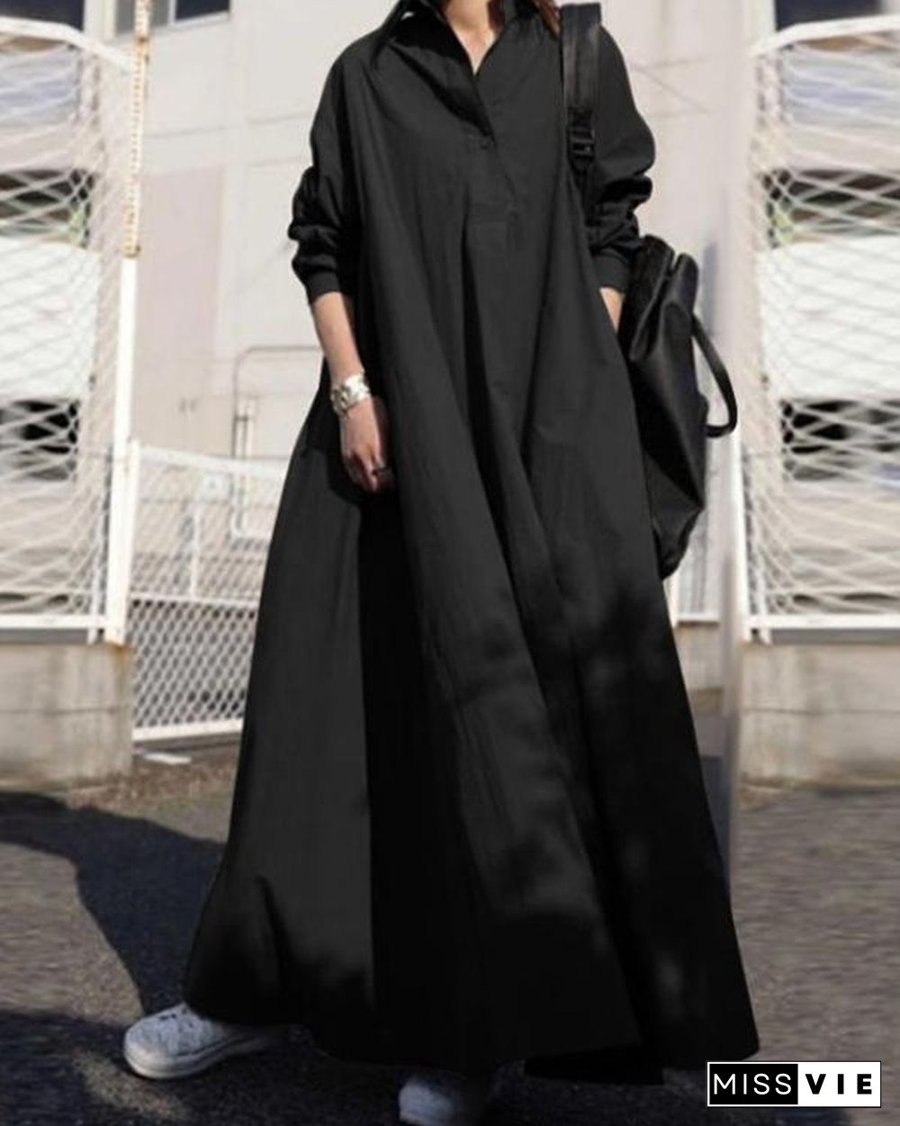 Solid Shirt Collar Loose Fit Big Hem Long Sleeve Maxi Dress