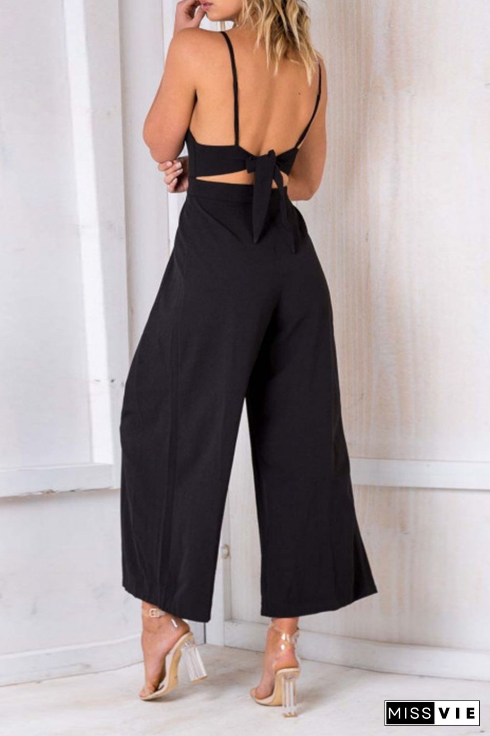 Sexy Solid Split Joint Spaghetti Strap Loose Jumpsuits