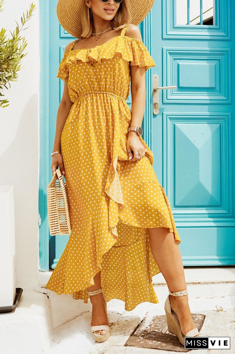 Dot Ruffles Off Shoulder Irregularity Maxi Dress