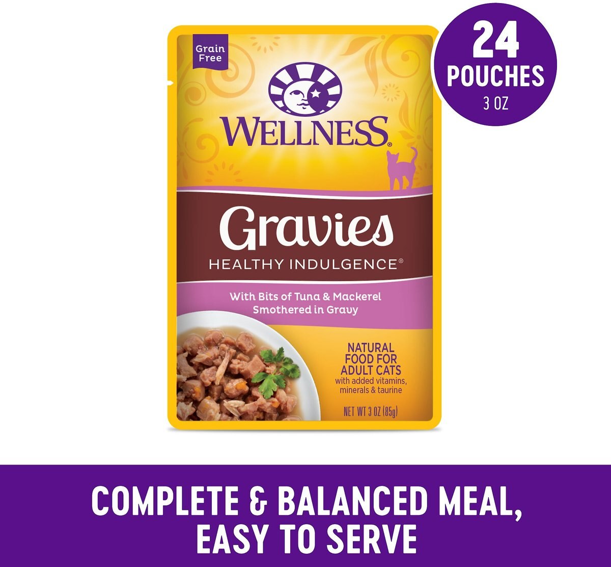 Wellness Healthy Indulgence Gravies with Bits of Tuna and Mackerel Smothered in Gravy Grain-Free Wet Cat Food Pouches