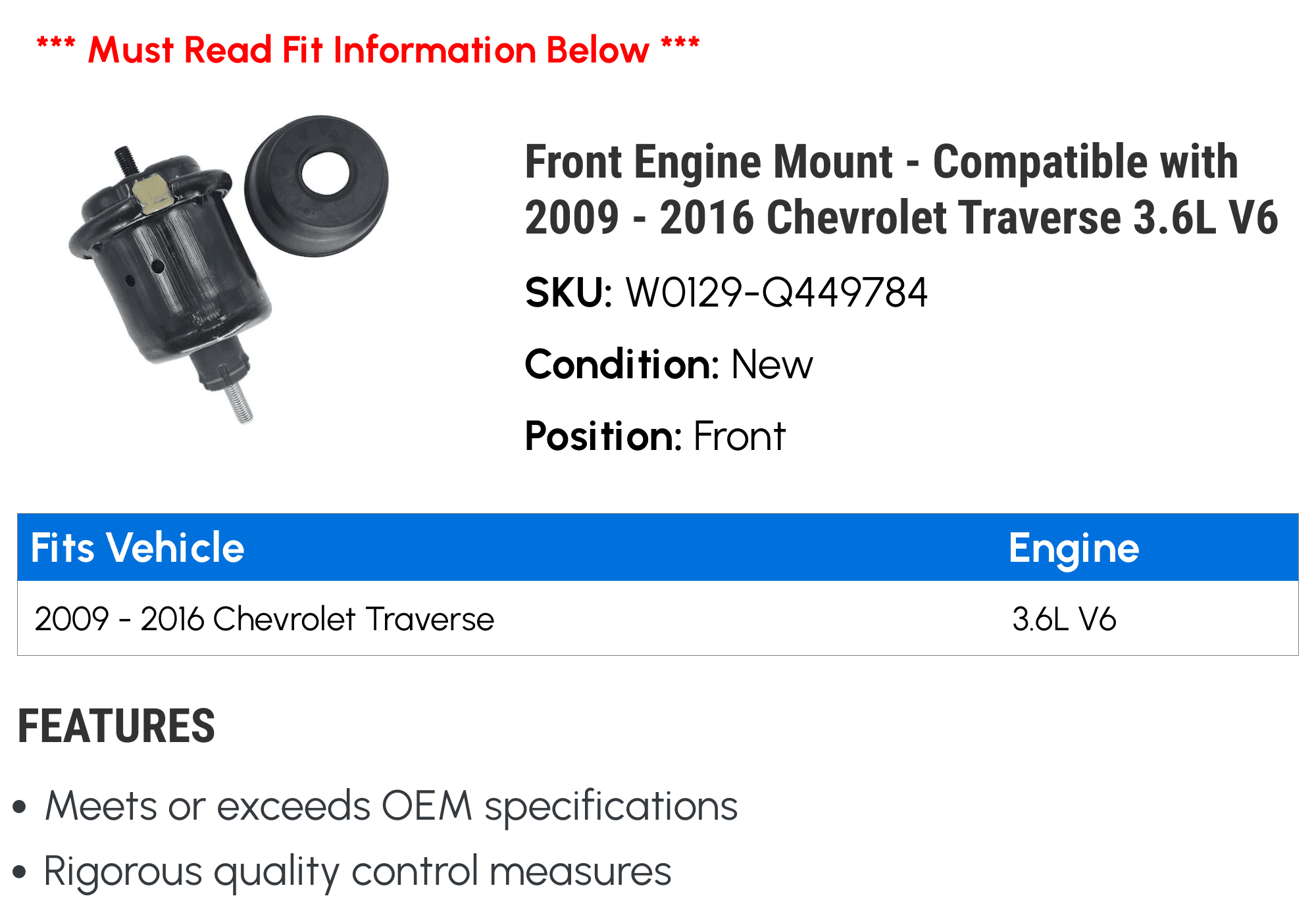 Front Engine Mount - Compatible with 2009 - 2016 Chevy Traverse 3.6L V6 2010 2011 2012 2013 2014 2015