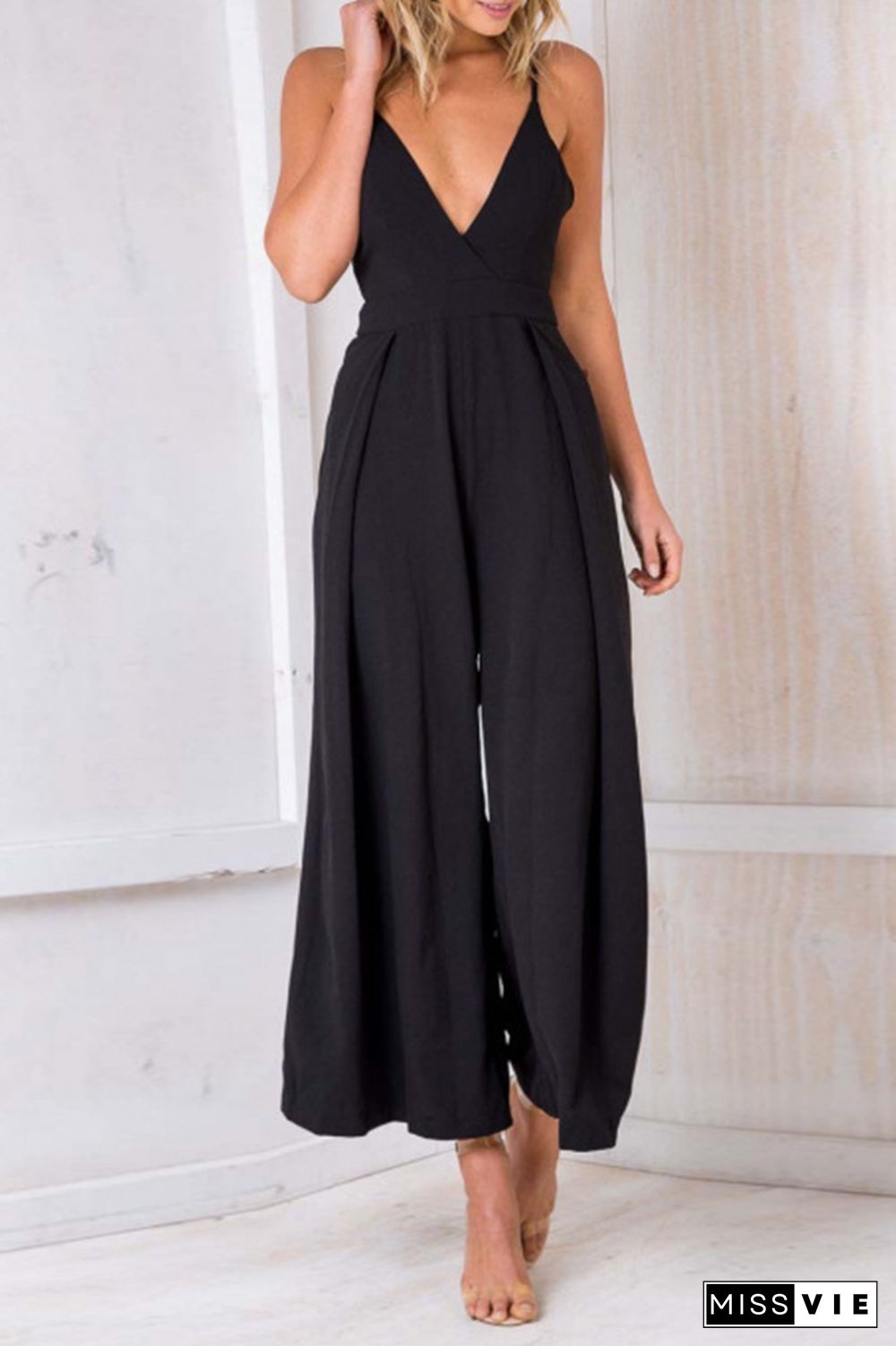 Sexy Solid Split Joint Spaghetti Strap Loose Jumpsuits