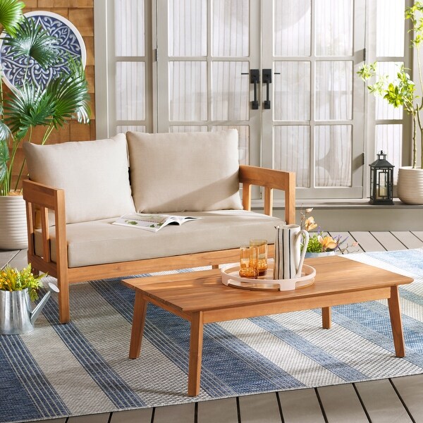 SAFAVIEH Outdoor Owen Cushion Solid Wood Bench and Table Set