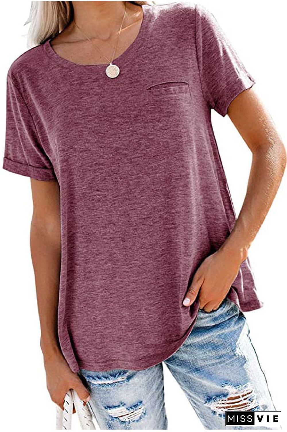 Wine Red Round Neck Pocket T-shirts