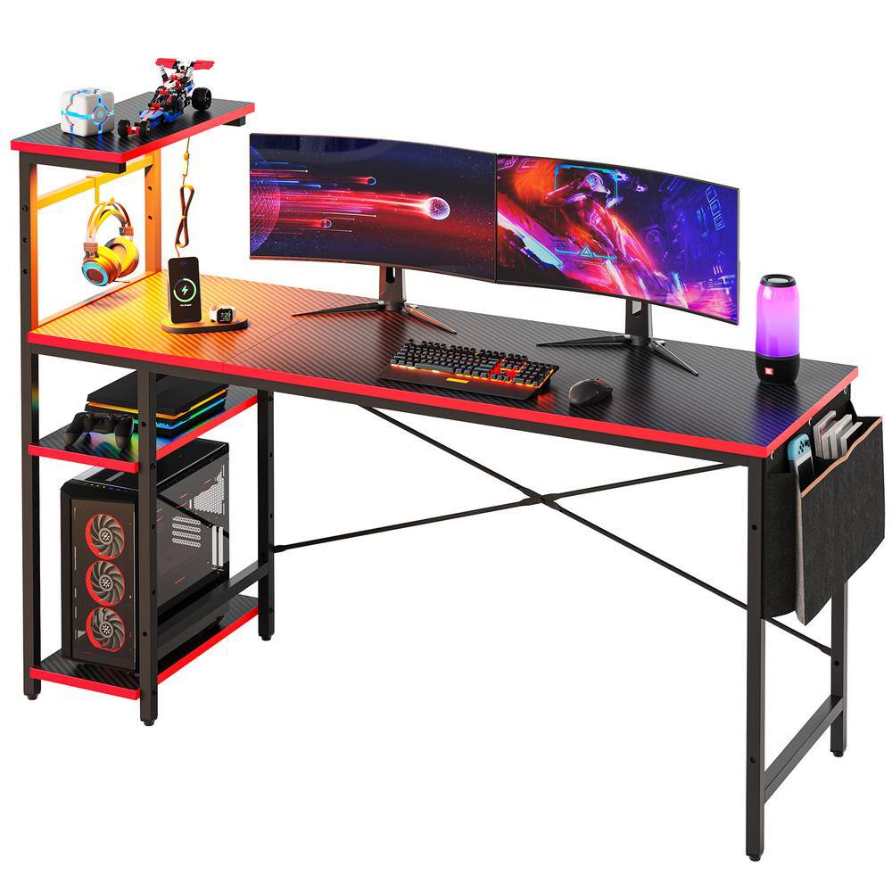 Bestier 61 in. LED Gaming Desk with 4-Tiers Reversible Storage Shelves and Side Storage Bag and 2-Hooks Black Carbon Fiber H101116G-BDCF