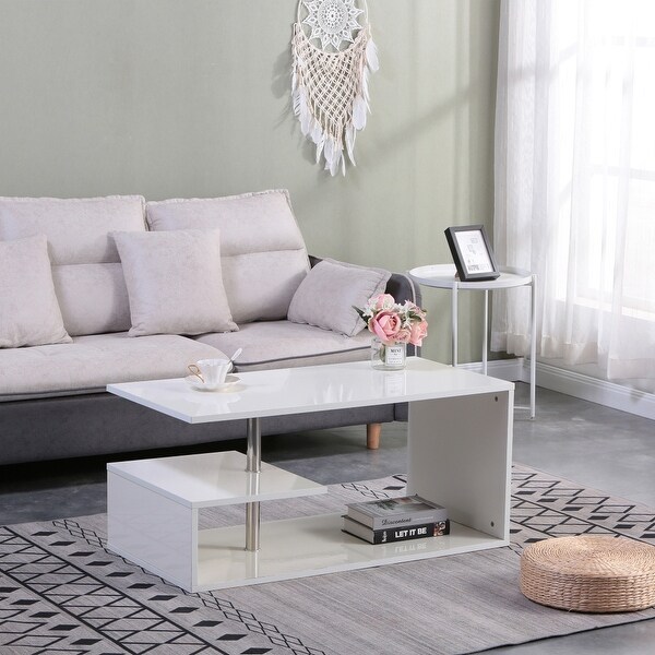 High Gloss LED Centre Sofa Table with S-Shaped Open Storage Shelf