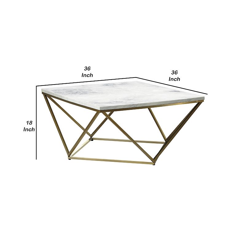 36 Inch Modern Square Coffee Table， White Faux Marble Top， Slender Gold Base