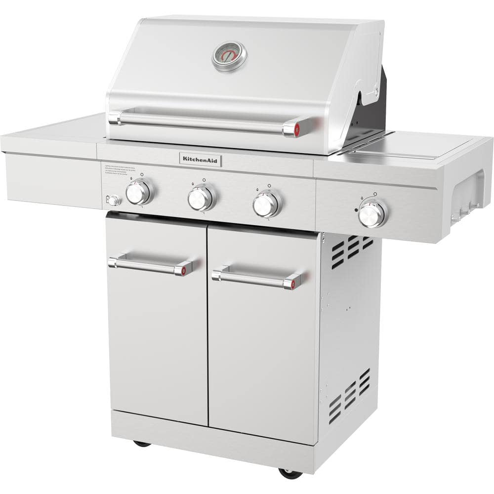 KitchenAid 3-Burner Propane Gas Grill in Stainless Steel with Ceramic Sear Side Burner 720-0953L