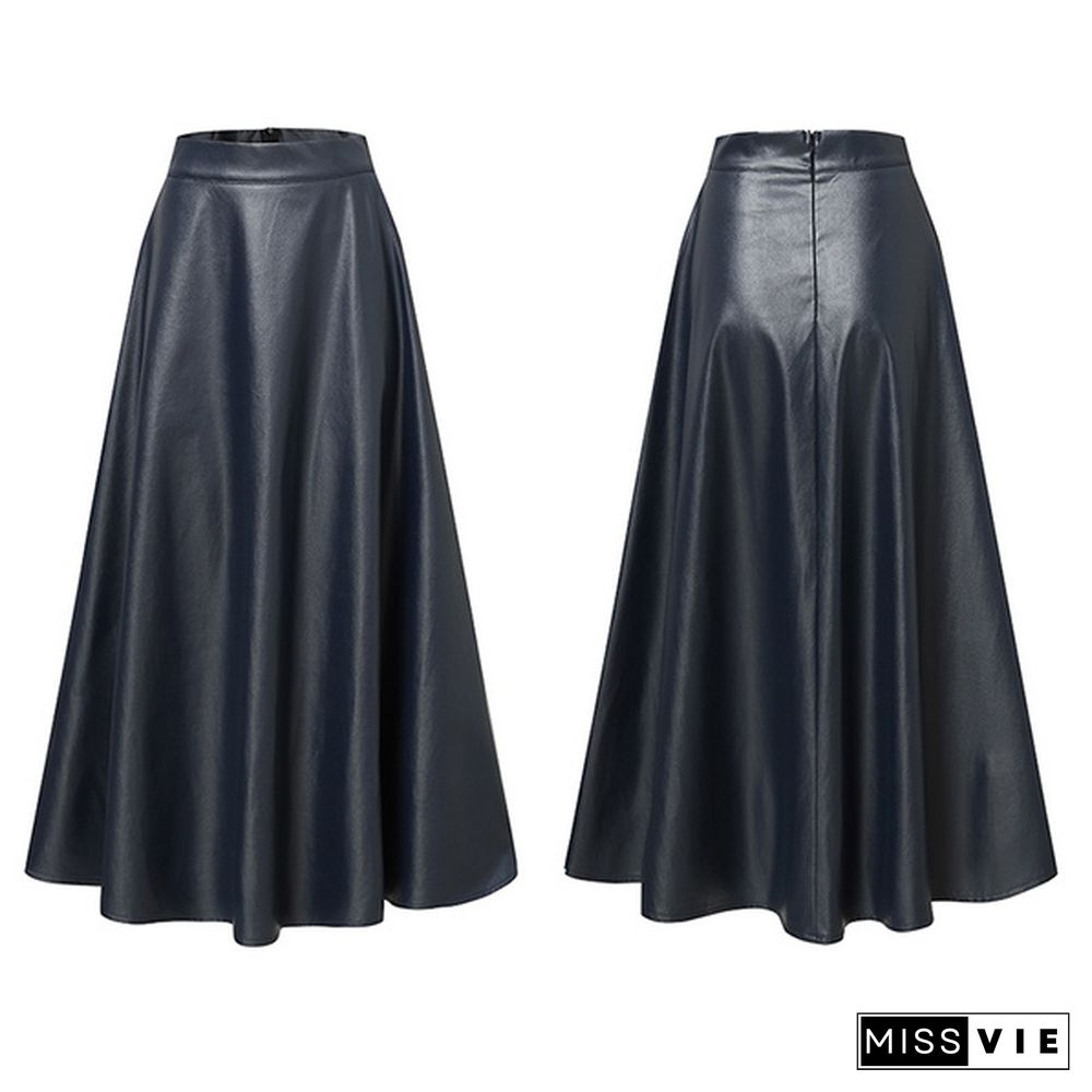 Women Pu Leather Maxi Skirt Autumn Winter Long Dress High Waist Party Casual Umbrella Skirt Plus Size Clothes