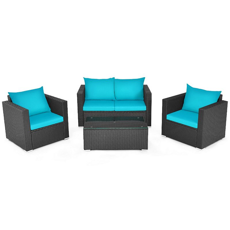 4 Pieces Patio Rattan Conversation Set with Padded Cushion and Tempered Glass Coffee Table