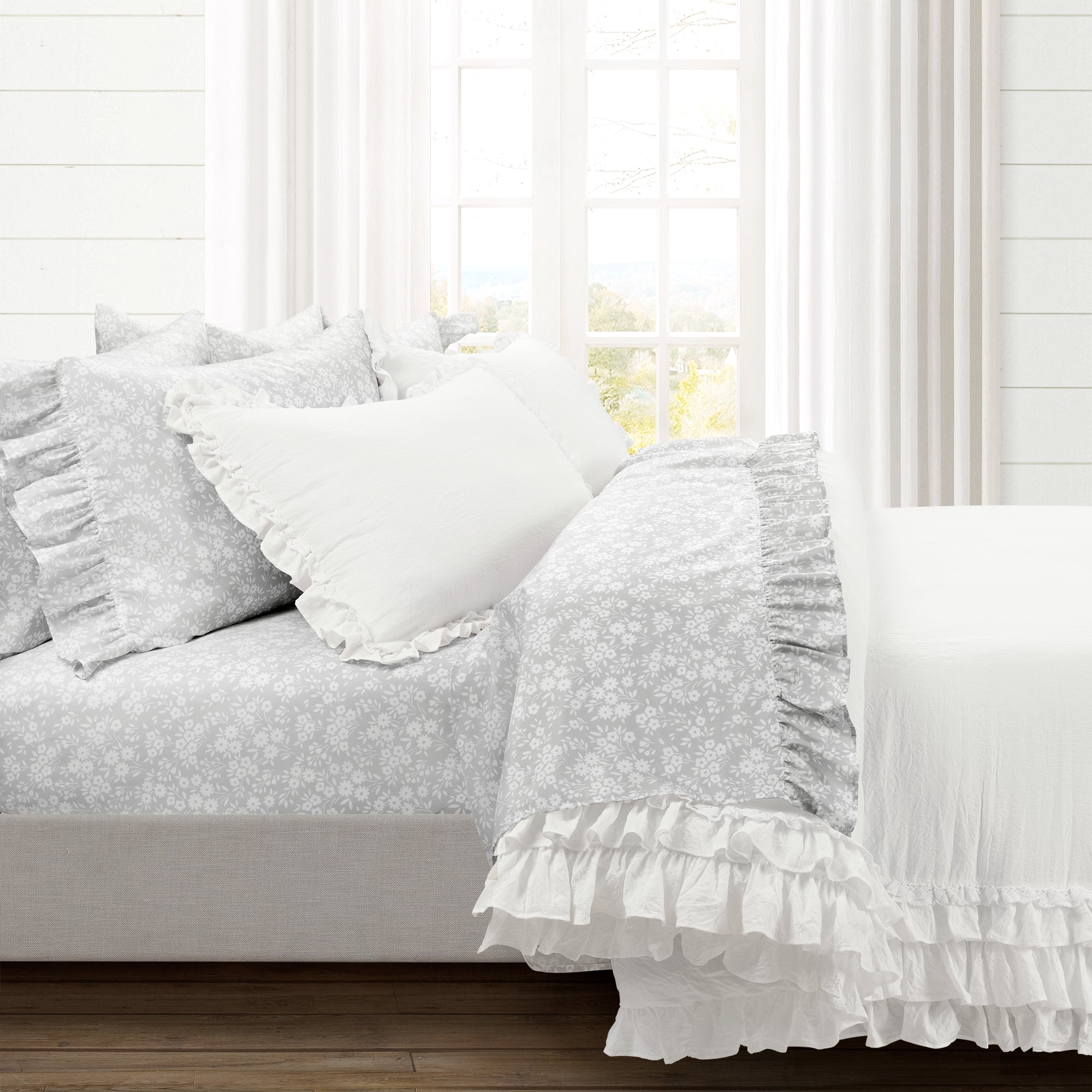 Bedding Bundle: Garden Of Flowers Ruffle Sheet Set + Ella Ruffle Lace Comforter Set