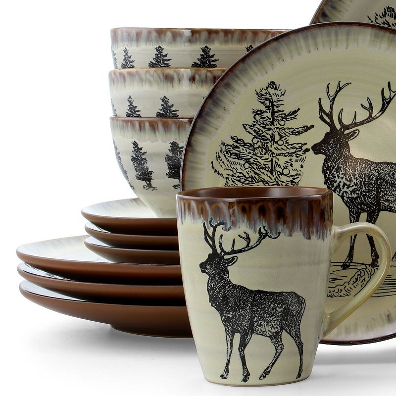 Elama Majestic Elk 16 Piece Luxurious Stoneware Dinnerware with Complete Setting for 4