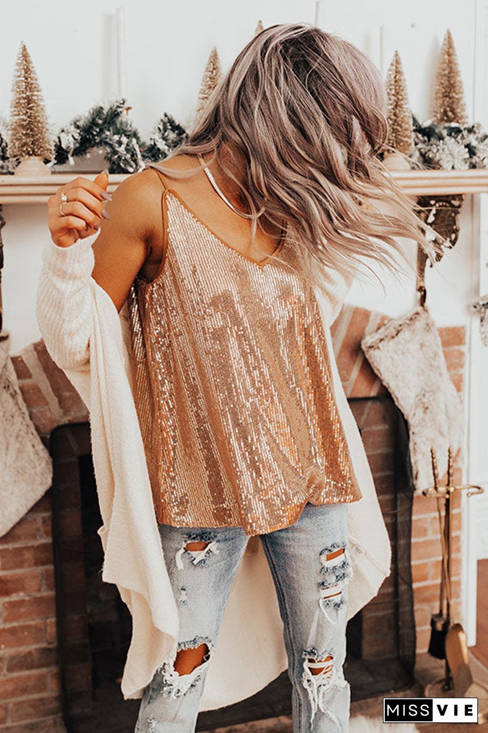 Apricot Spaghetti Straps Sequin Tank Top