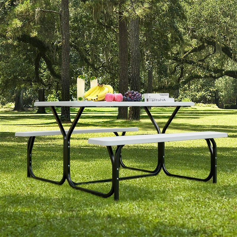 Outdoor Picnic Table Bench Set All-Weather Camping Dining Table Set with Metal Base