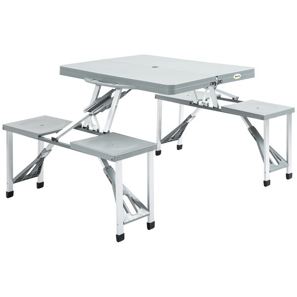 Portable Aluminum Picnic Table Set with Umbrella Hole， Gray