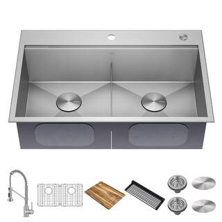 KRAUS Loften 33 in. Drop-inUndermount Double Bowl Stainless Steel Kitchen Workstation Sink with Faucet and Accessories KWT302-3318-1610SFS