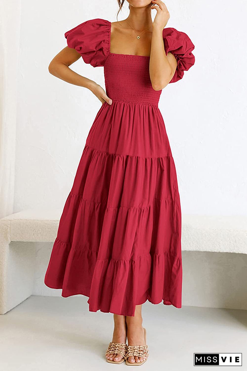 Square Neck Puff Sleeves Tiered Long Dress