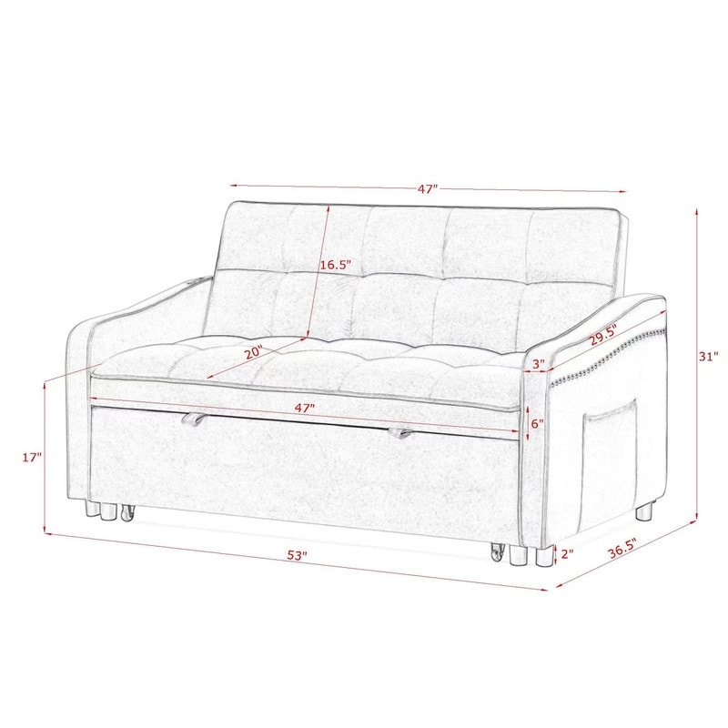 Pull out Bed Loveseats Sofa Bed with Adjsutable Back  Two Arm Pocket  TypeC and USB Charging  Grey