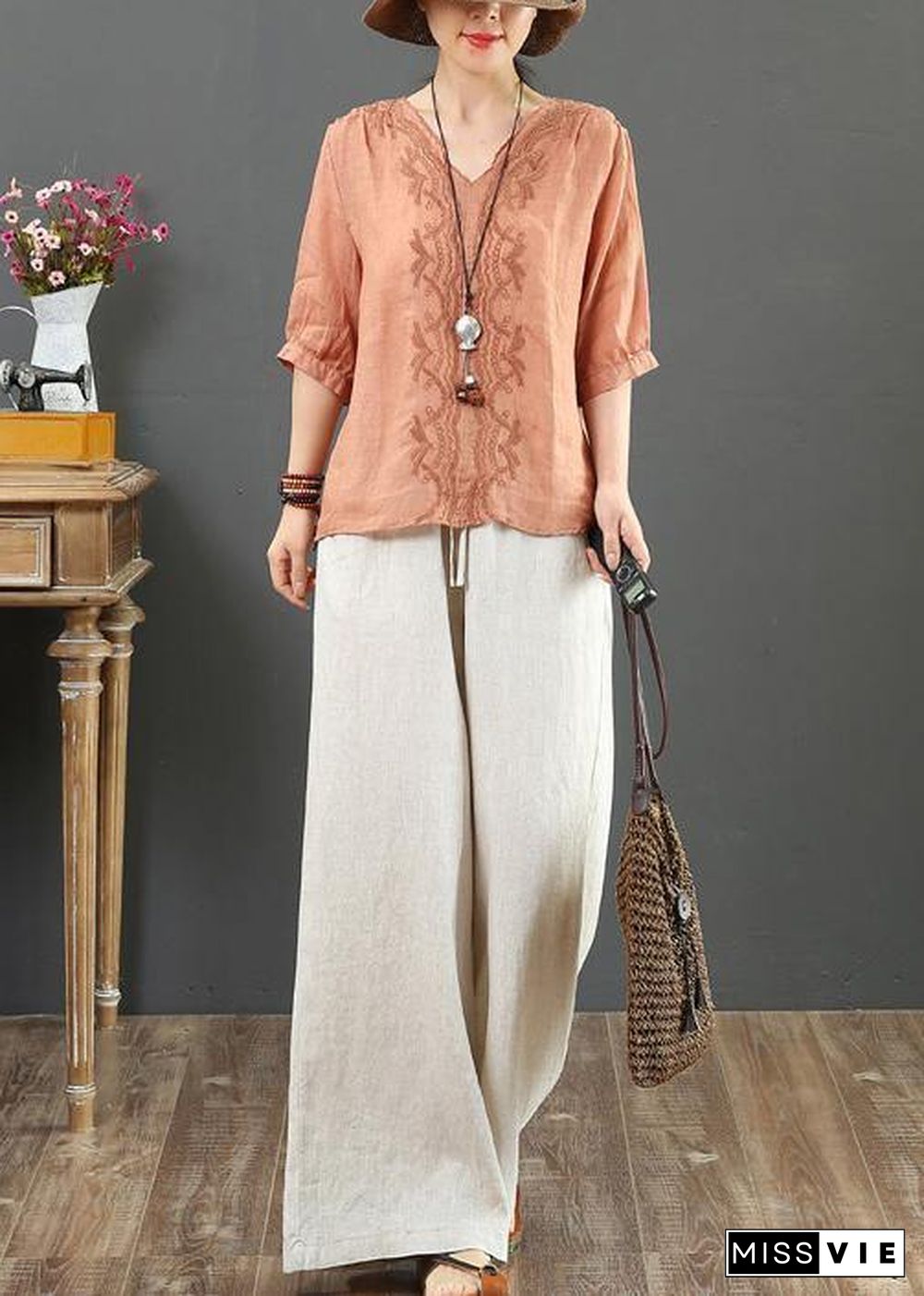 Natural v neck embroidery linen clothes For Women Sleeve orange blouses