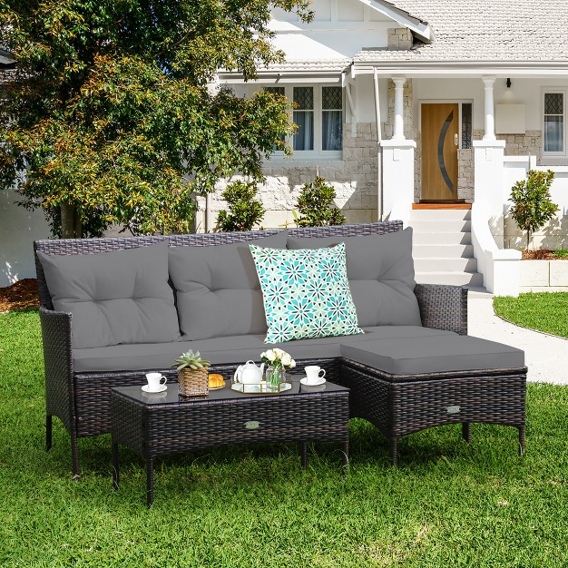 Costway 3pcs Patio Rattan Furniture Set 3 seat Sofa Cushioned Table Garden Turqouise gray white