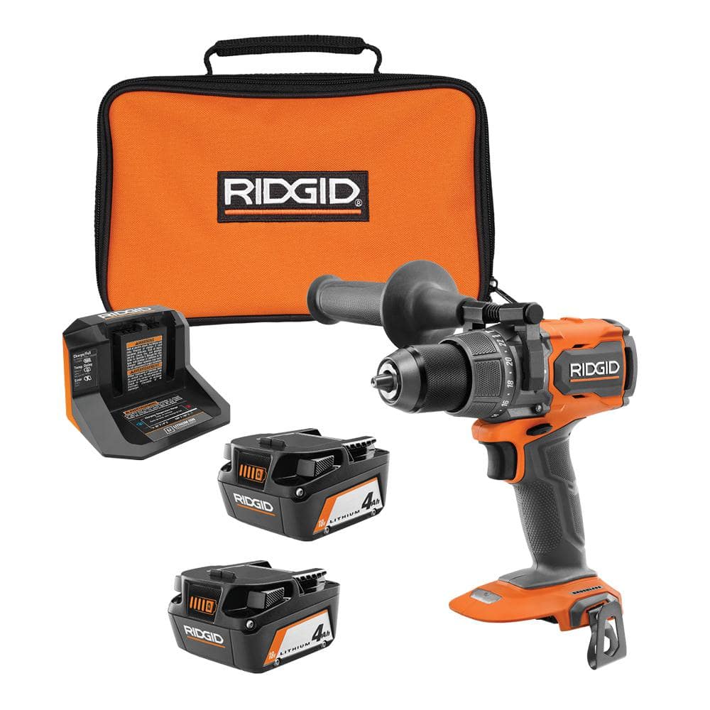 RIDGID 18V Brushless Cordless 1/2 in. High Torque Hammer Drill/Driver with (2) 4.0 Ah Batteries, Charger, and Bag R861152B-AC93044SBN