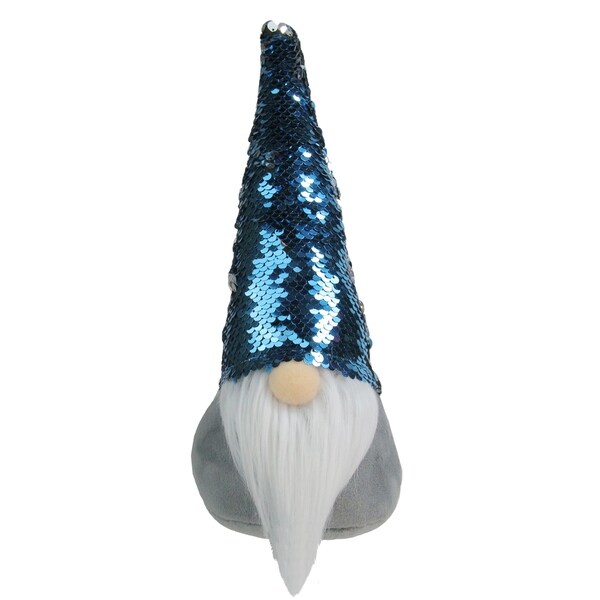 13.5 Gray Standing Christmas Gnome Decoration with Blue Flip Sequin Hat