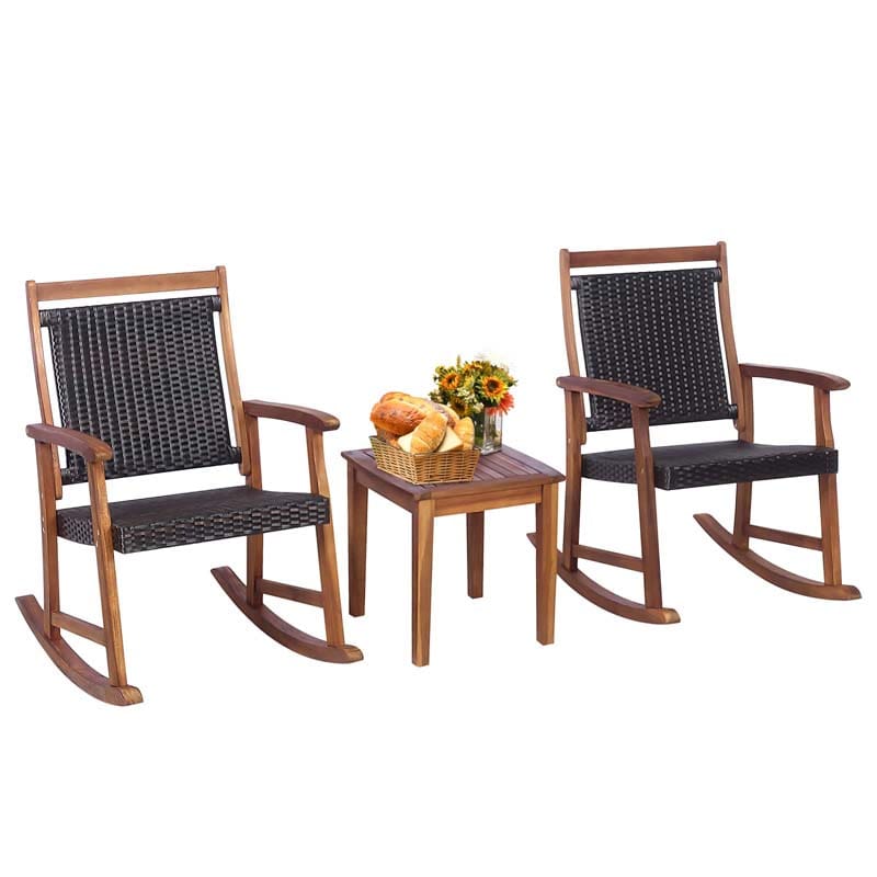 3 Pcs Acacia Wood Patio Rocking Chair Set with Side Table, Rattan Wicker Outdoor Rocking Bistro Set