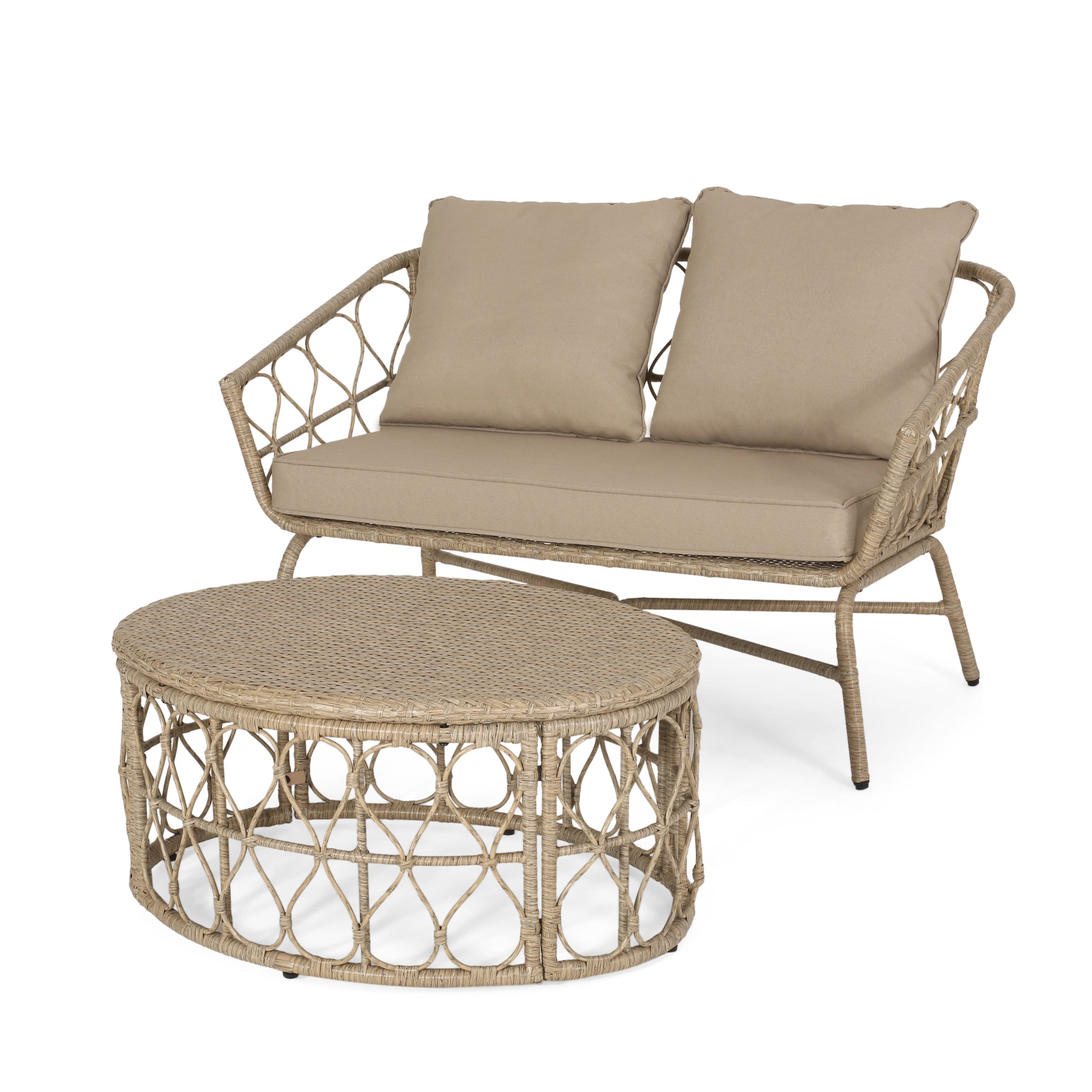 Colmar Outdoor Wicker Loveseat and Coffee Table Set, Light Brown and Beige