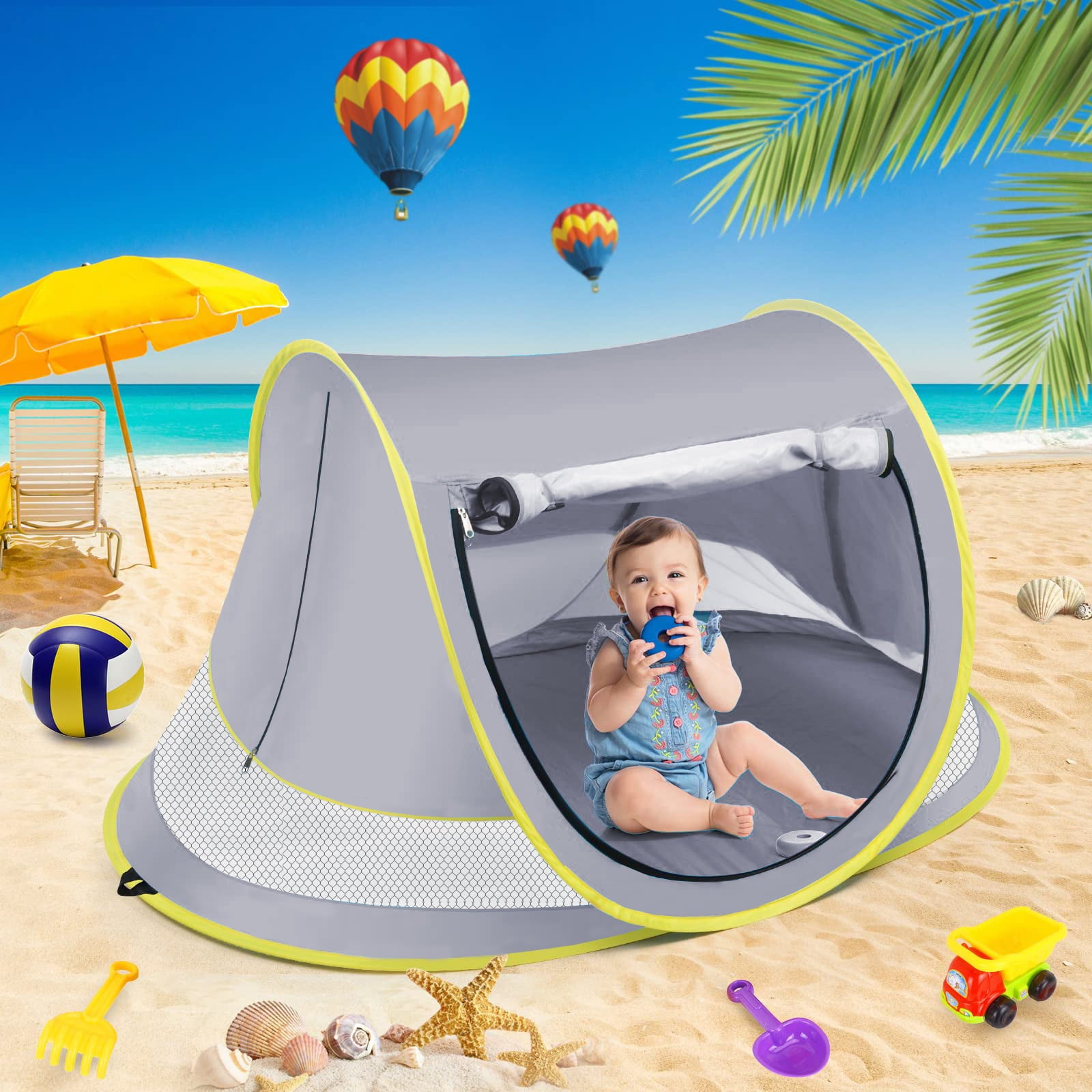 HDJ Baby Beach Tent， UPF 50+ Pop Up Beach Tent Sun Shelter， Easy Setup Play Tent for Travel， Mini Beach Tent for Kids Toddlers，Grey