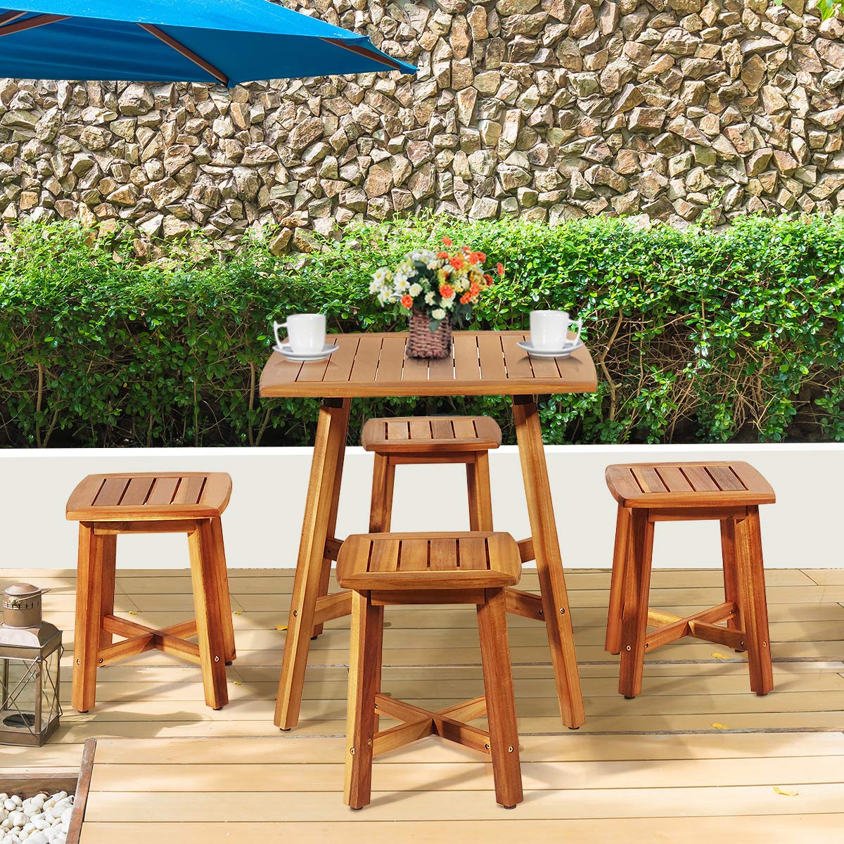 5 Pcs Acacia Wood Patio Dining Set with Square Table & 4 Stools, Outdoor Conversation Bistro Set