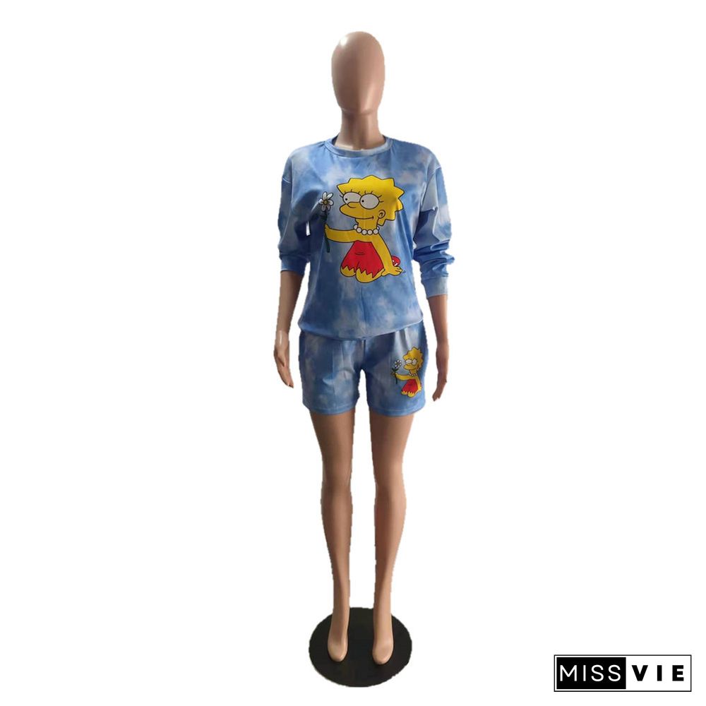 Cartoon Print Loose T Shirt and Shorts Two Piece Sets