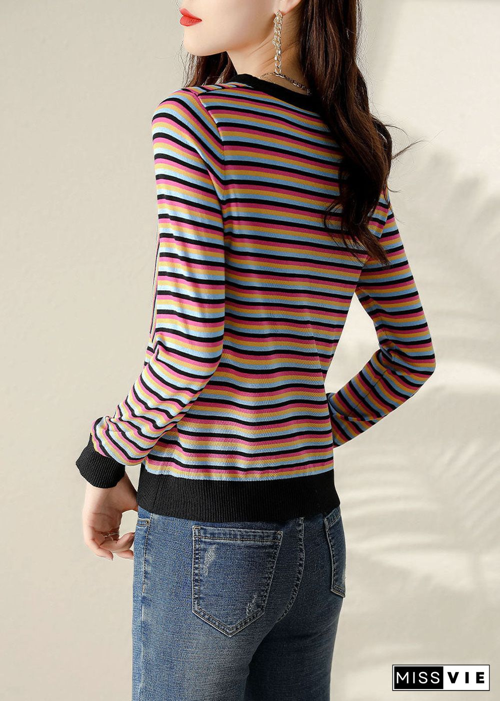 Plus Size V Neck Striped Patchwork Shirt Spring