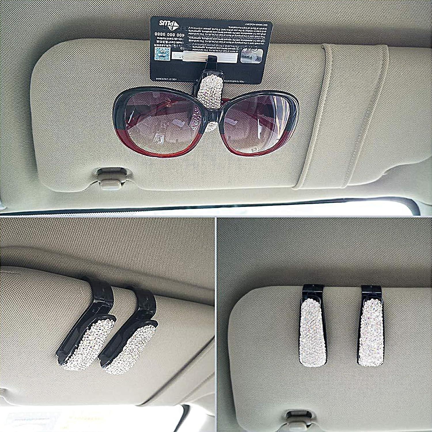 2 Pcs Glasses Holders For Car Sun Visor， Bling Crystal Rhinestones Eyeglasses Clip Hanger Mount With Ticket Card Clip For Women Girls