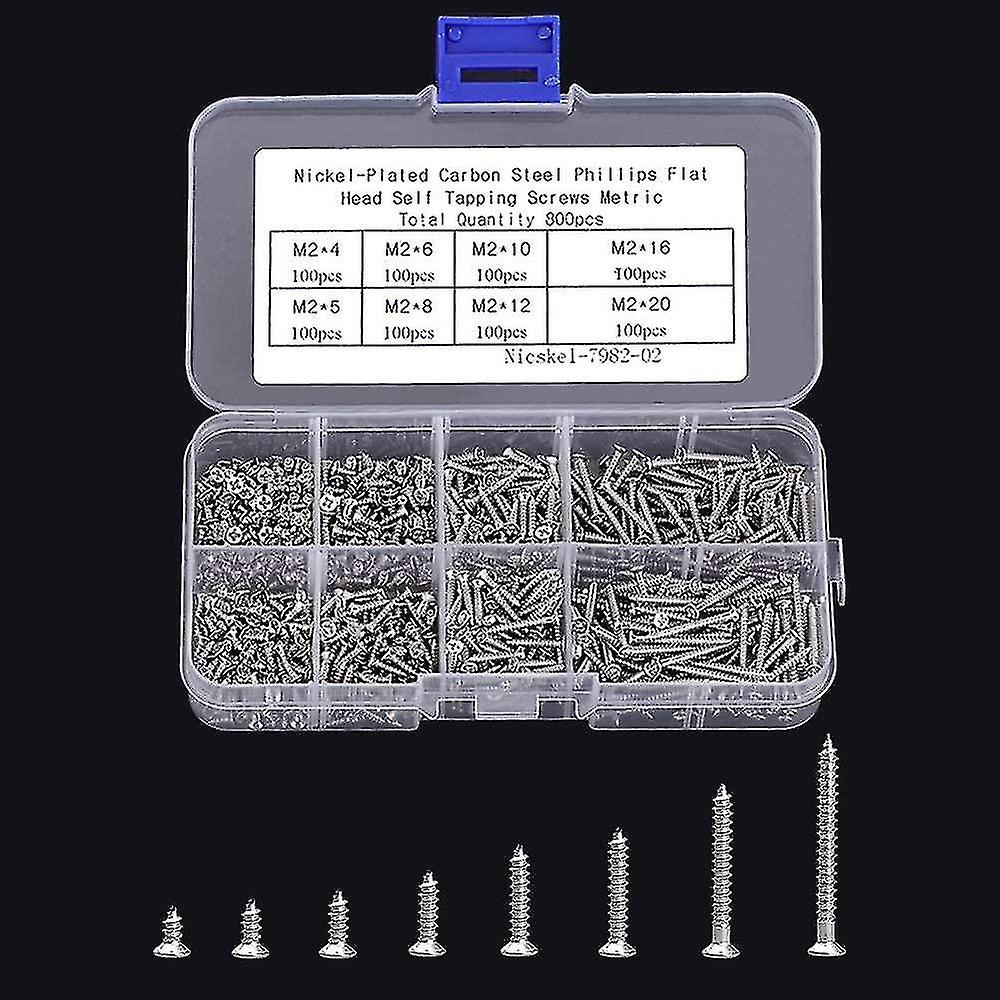 800pcs Small M2 Self-tapping Screws Assortment Kit， Countersunk Phillip