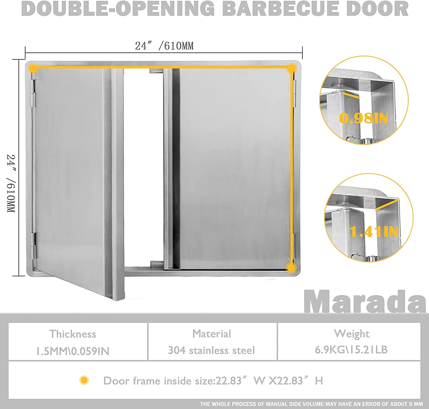 Marada BBQ Access Door 24" W x 24" H， Double 304 Stainless Steel Outdoor Kitchen Double Doors for BBQ Island, Outside Cabinet, Grilling Station, Outdoor Kitchen Premium Invisible Handle