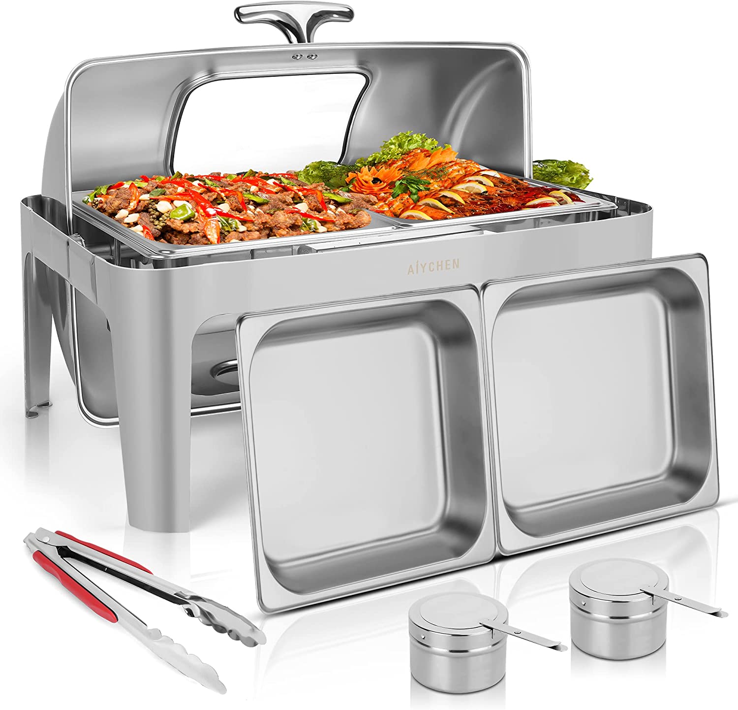 Lafati Luxury Chafing Dish Buffet Set: 9 QT Chafers and Buffet Warmers in High-Grade Stainless Steel with Gas Container， Visual Lid， Spoon， Temperature Control， for Exquisite Event Supplies (2 Pan)