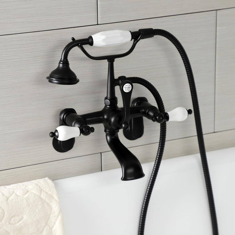 Kingston Brass Aqua Vintage 3-Handle Wall-Mount Clawfoot Tub Faucets with Hand Shower in Matte Black HAE55T0