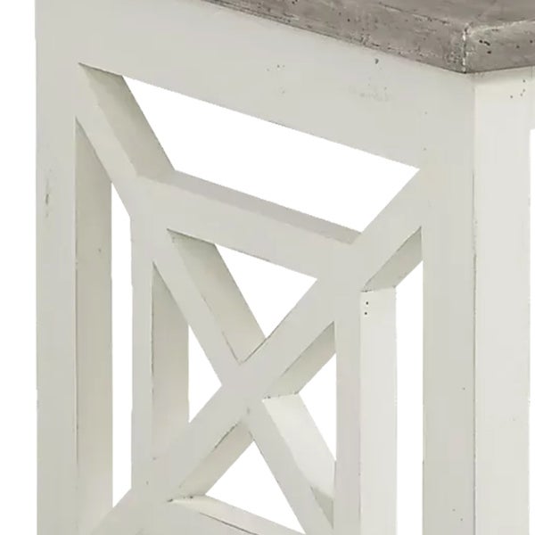 Solid Wood Farmhouse End Table with X Shape Side Panels， White and Brown