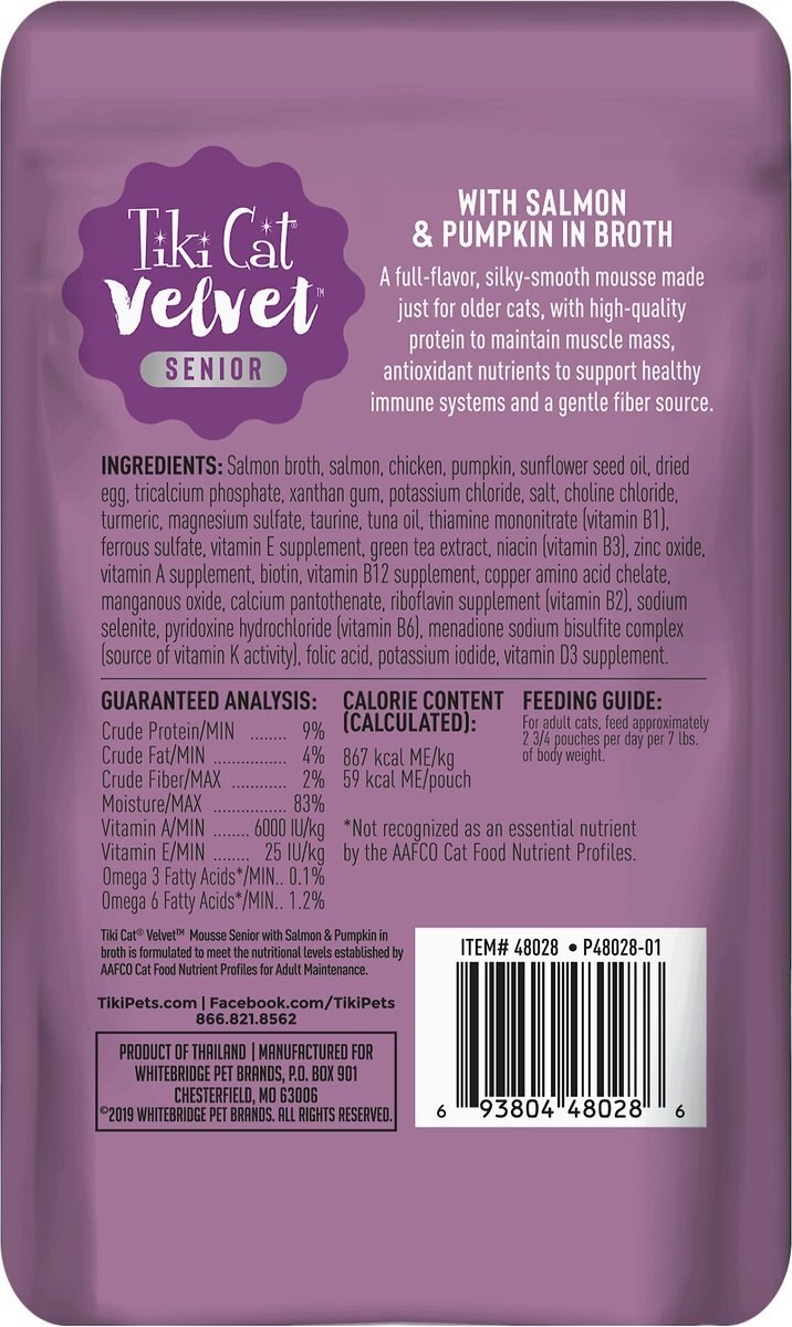 Tiki Cat Velvet Mousse Salmon and Pumpkin in Broth Senior Wet Cat Food， 2.8-oz， case of 12