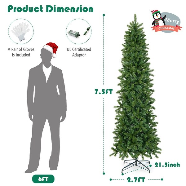 Gymax 7.5FT Hinged Prelit Christmas Slim Pencil Tree w/ 10 Lighting