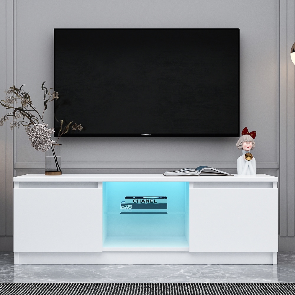 White Living Room Entertainment Center Media Console Table  Modern LED TV Cabinet TV Stand with Lights and Storage Drawers