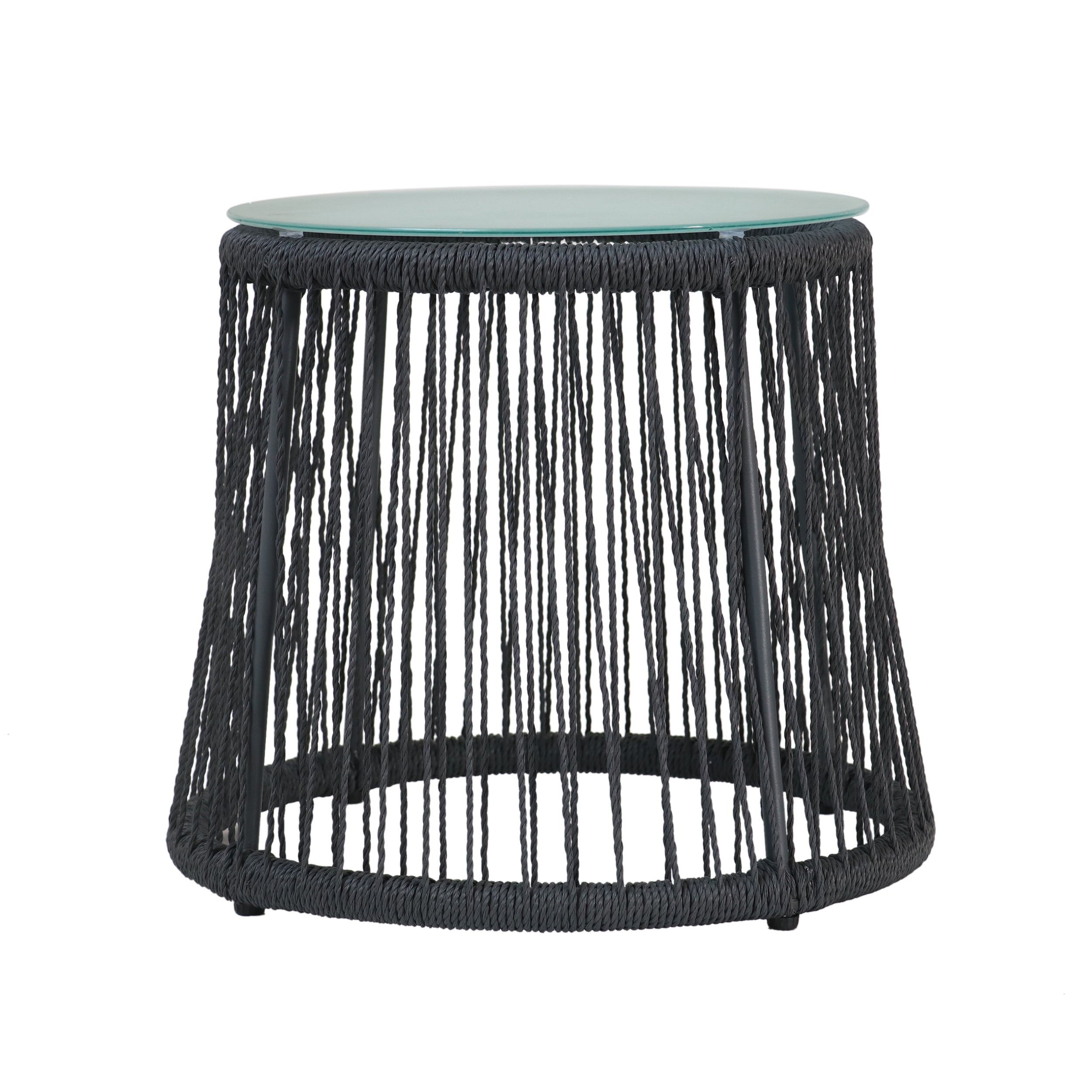 Karen Outdoor Side Table, Steel and Rope, Tempered Glass Table Top, Boho