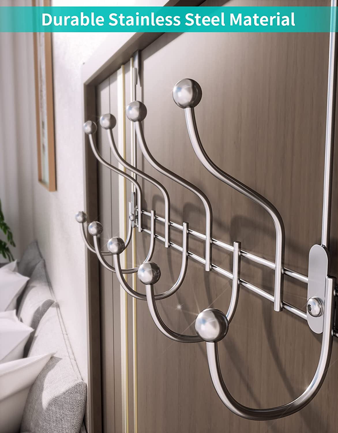 Over Door Towel Rack Hook Hanger with 9 Hooks, Heavy-Duty Hook Coat Rack with High Bearing Capacity for Hanging Clothes, Coat, Bag, Robe, Heavy Jackets, Towel, Silver(15.4