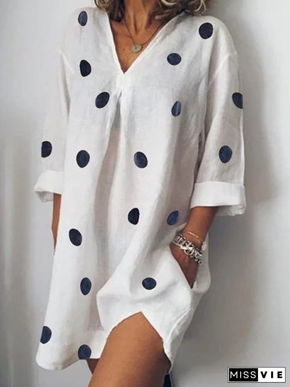 Cotton Linen Three Quarter Sleeve Shirt Collar Polka Dot Dress