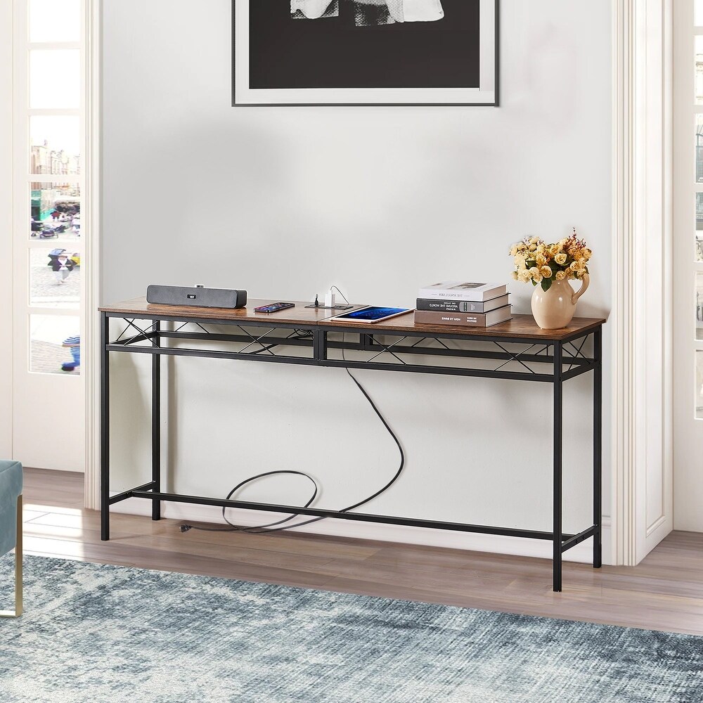 Javlergo Console Table with with Charging Station   USB Ports  Rustic Brown